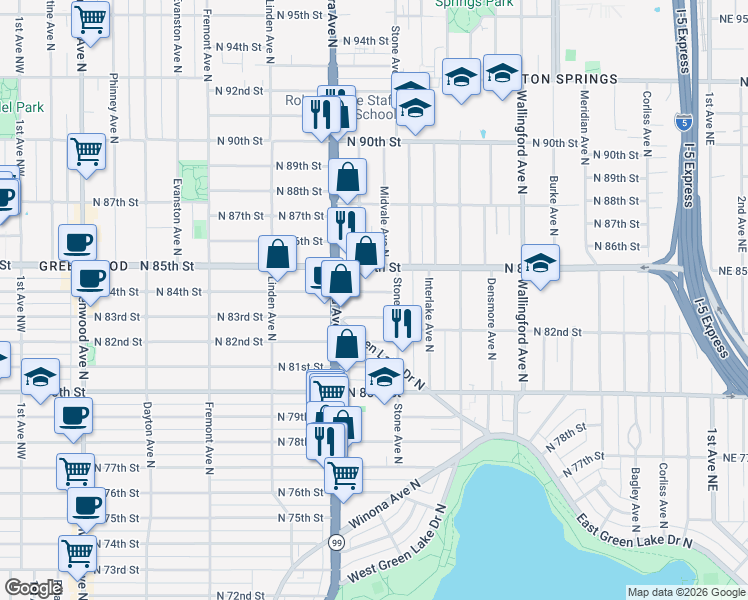 map of restaurants, bars, coffee shops, grocery stores, and more near 1133 North 84th Street in Seattle