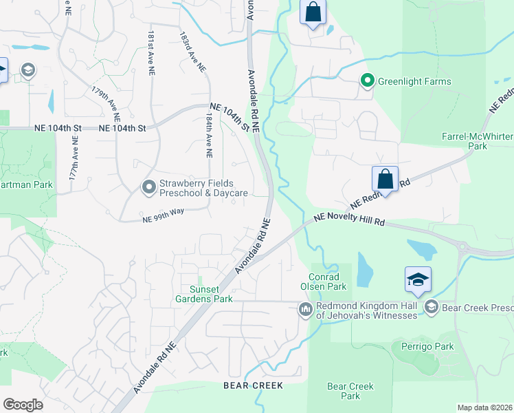 map of restaurants, bars, coffee shops, grocery stores, and more near 18619 Northeast 100th Court in Redmond