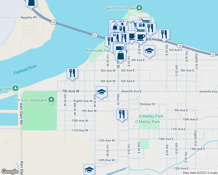 map of restaurants, bars, coffee shops, grocery stores, and more near 608 1st Street West in Polson