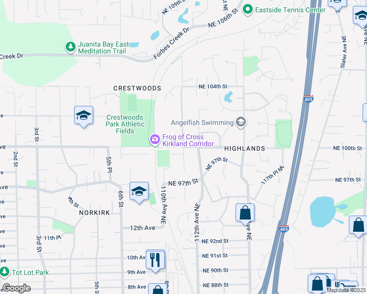 map of restaurants, bars, coffee shops, grocery stores, and more near 111th Ave NE & NE 100th St in Kirkland