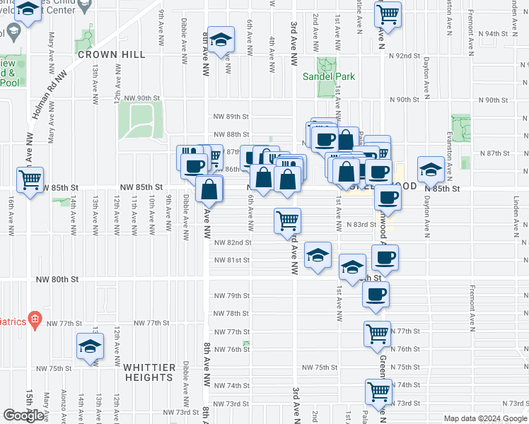 map of restaurants, bars, coffee shops, grocery stores, and more near 343 Northwest 84th Street in Seattle
