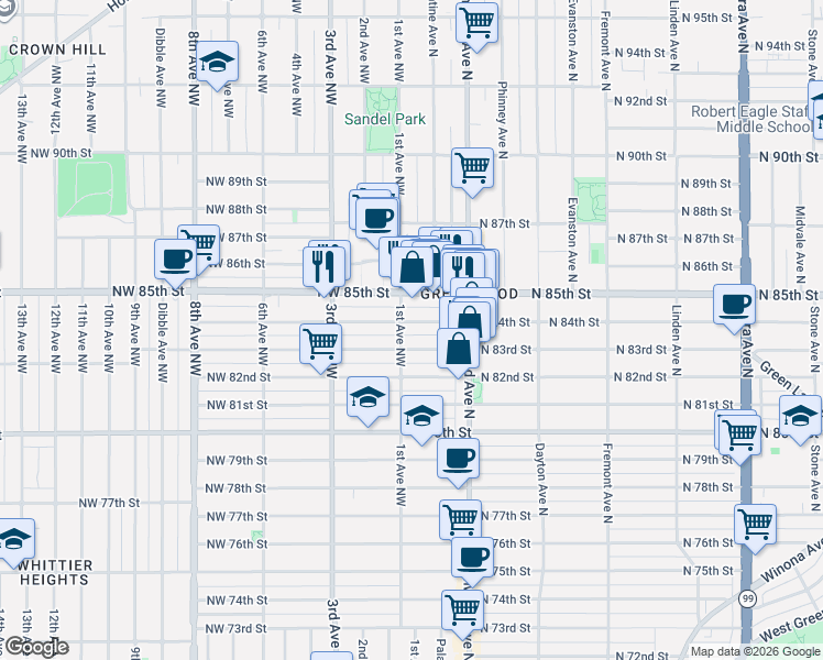 map of restaurants, bars, coffee shops, grocery stores, and more near 103 Northwest 84th Street in Seattle