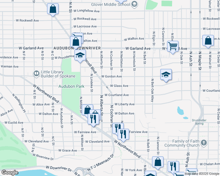 map of restaurants, bars, coffee shops, grocery stores, and more near 2507 West Glass Avenue in Spokane