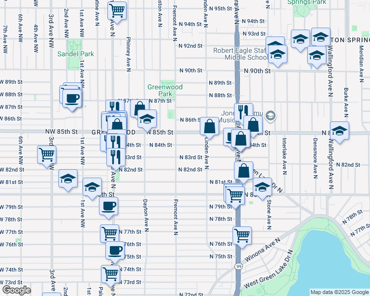 map of restaurants, bars, coffee shops, grocery stores, and more near 717 North 84th Street in Seattle