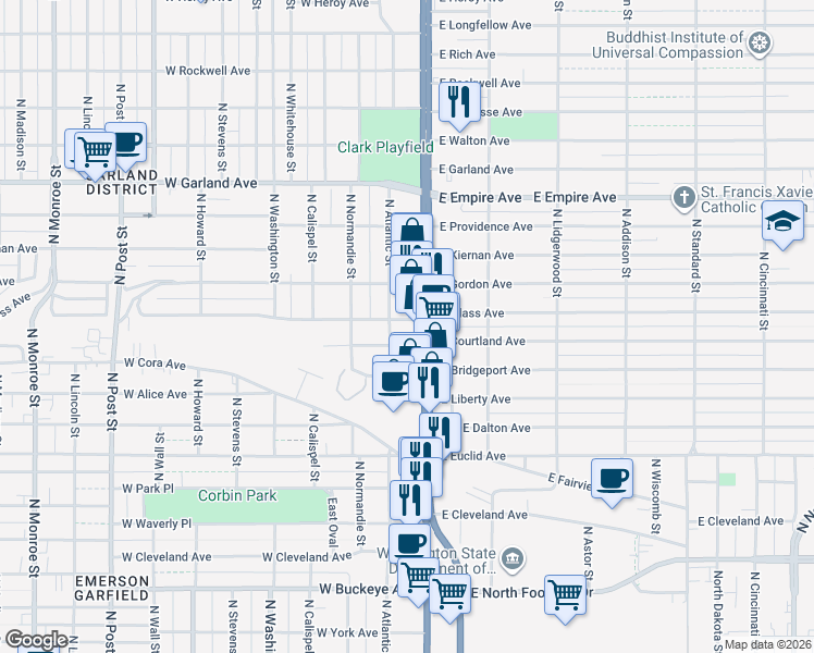 map of restaurants, bars, coffee shops, grocery stores, and more near 15 West Glass Avenue in Spokane