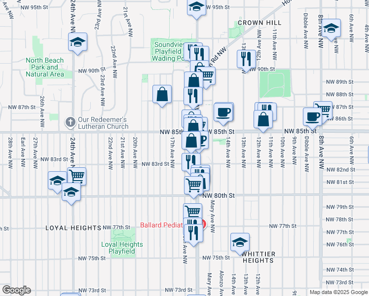 map of restaurants, bars, coffee shops, grocery stores, and more near 8322 16th Avenue Northwest in Seattle