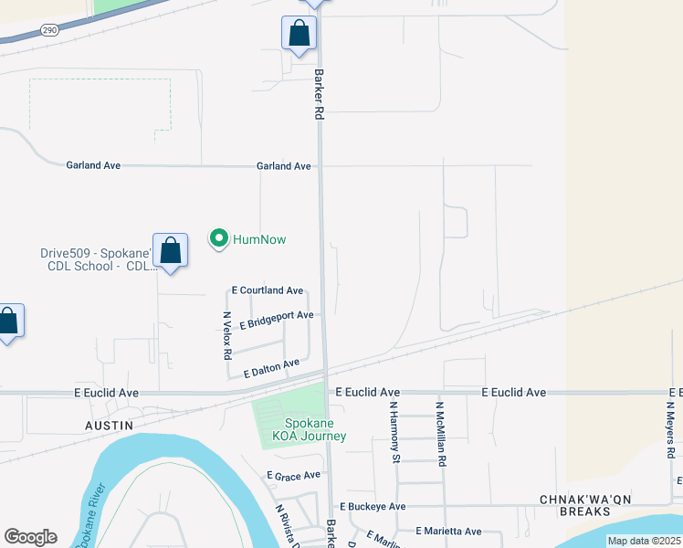map of restaurants, bars, coffee shops, grocery stores, and more near 3610 North Barker Road in Spokane Valley