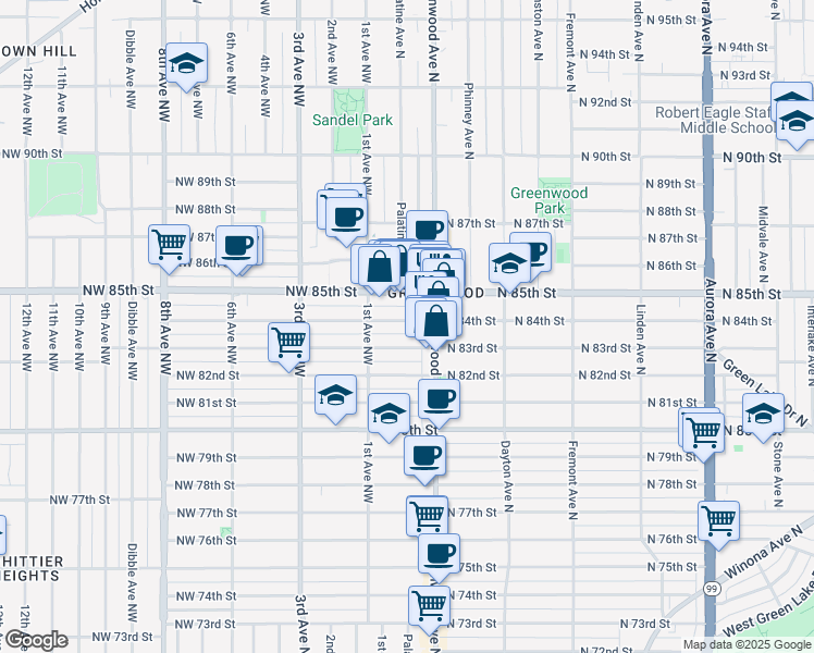 map of restaurants, bars, coffee shops, grocery stores, and more near 133 North 84th Street in Seattle