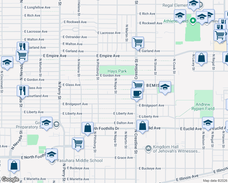 map of restaurants, bars, coffee shops, grocery stores, and more near 1817 East Courtland Avenue in Spokane