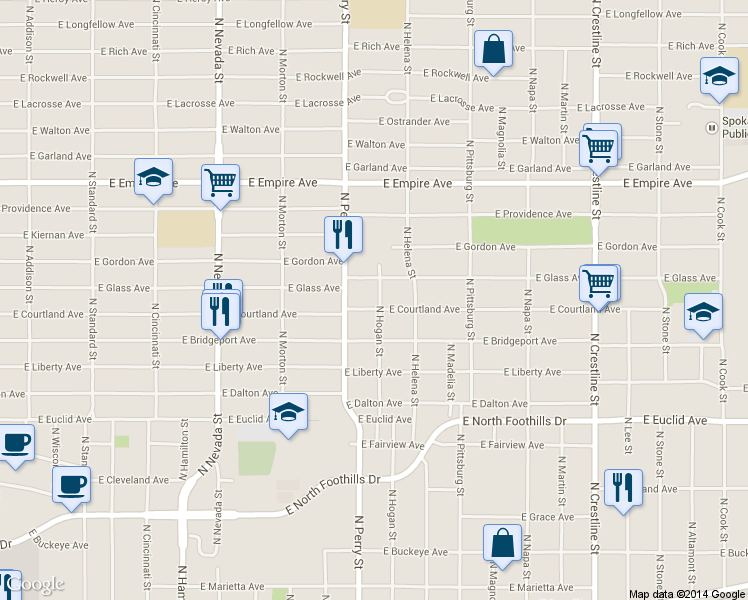 map of restaurants, bars, coffee shops, grocery stores, and more near 1429 East Courtland Avenue in Spokane