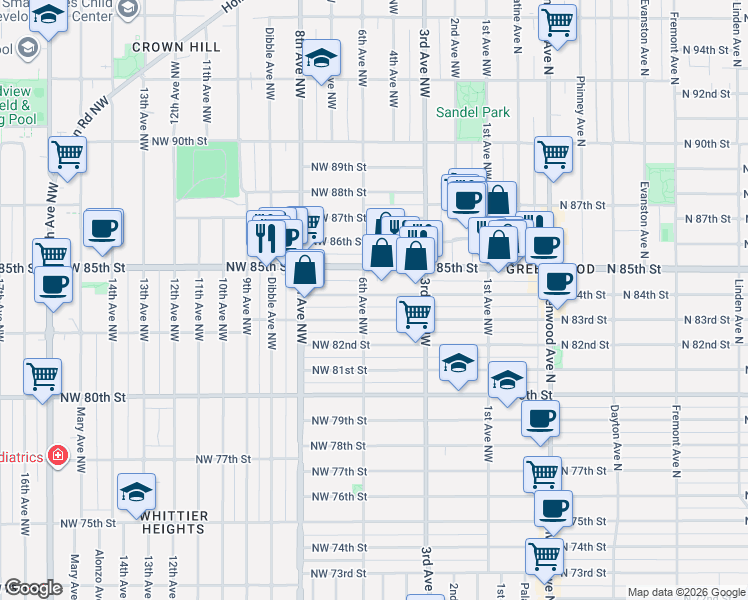 map of restaurants, bars, coffee shops, grocery stores, and more near 343 Northwest 84th Street in Seattle