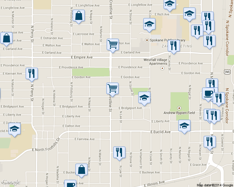 map of restaurants, bars, coffee shops, grocery stores, and more near 2125 E Courtland Ave in Spokane