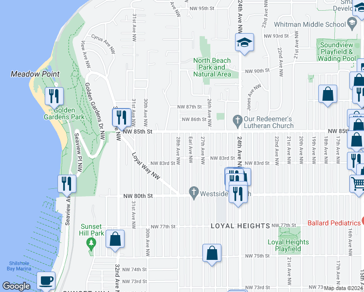 map of restaurants, bars, coffee shops, grocery stores, and more near 8317 Earl Avenue Northwest in Seattle
