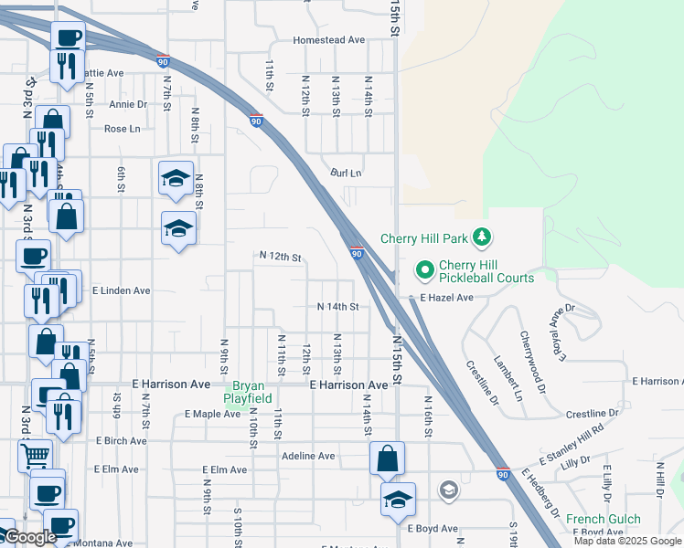 map of restaurants, bars, coffee shops, grocery stores, and more near 1301 East Hazel Avenue in Coeur d'Alene