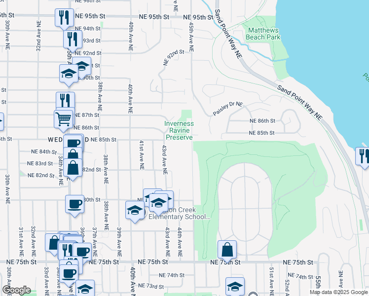 map of restaurants, bars, coffee shops, grocery stores, and more near 8241 45th Avenue Northeast in Seattle