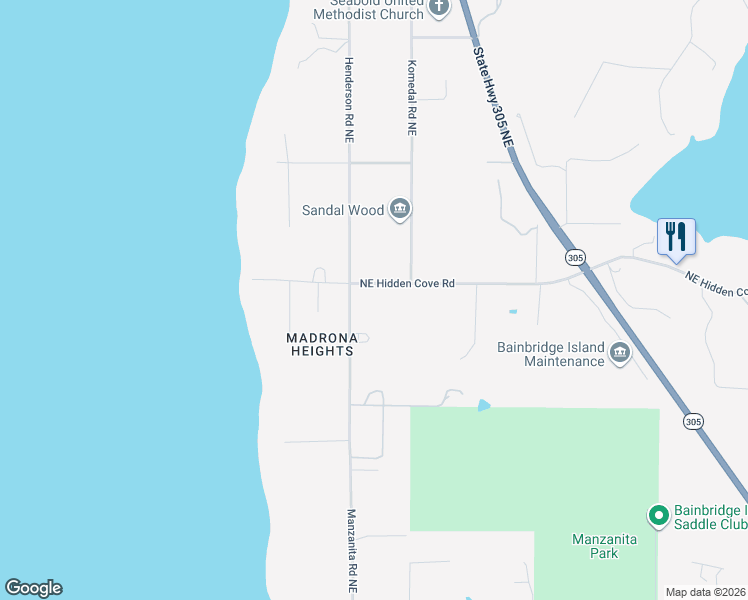 map of restaurants, bars, coffee shops, grocery stores, and more near 13826 Manzanita Road Northeast in Bainbridge Island