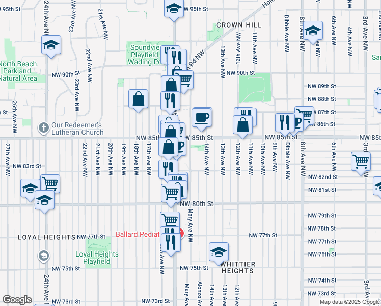 map of restaurants, bars, coffee shops, grocery stores, and more near 8407 Mary Avenue Northwest in Seattle