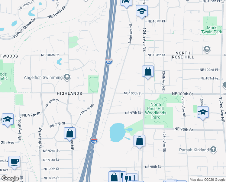 map of restaurants, bars, coffee shops, grocery stores, and more near 12003 Northeast 100th Street in Kirkland