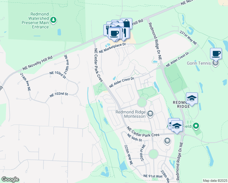 map of restaurants, bars, coffee shops, grocery stores, and more near 10155 223rd Place Northeast in Redmond