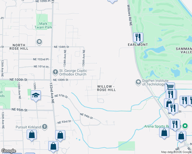 map of restaurants, bars, coffee shops, grocery stores, and more near 13733 Northeast 100th Street in Kirkland
