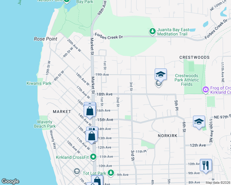 map of restaurants, bars, coffee shops, grocery stores, and more near 141 18th Avenue in Kirkland