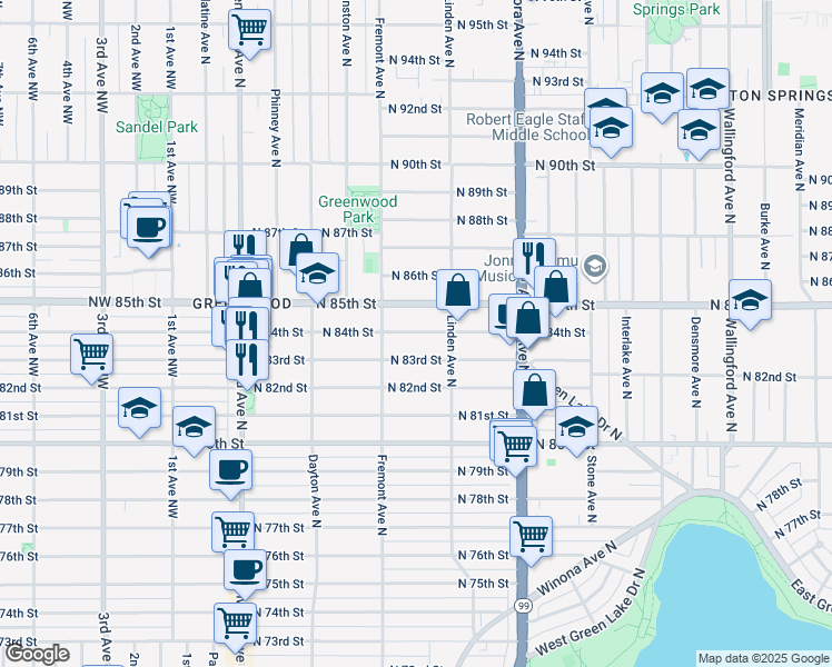 map of restaurants, bars, coffee shops, grocery stores, and more near 717 North 84th Street in Seattle