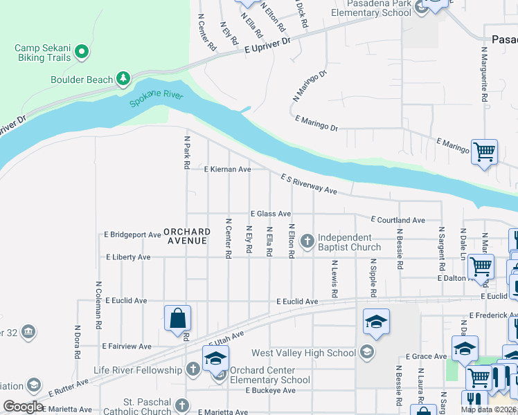 map of restaurants, bars, coffee shops, grocery stores, and more near 7808 East Glass Avenue in Spokane Valley