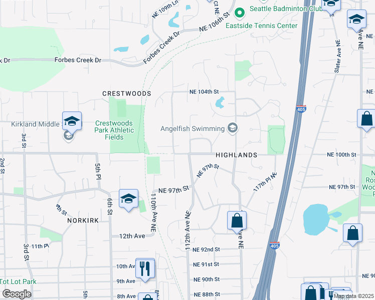 map of restaurants, bars, coffee shops, grocery stores, and more near 10011 112th Avenue Northeast in Kirkland