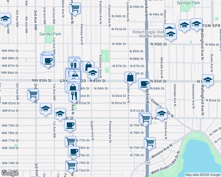 map of restaurants, bars, coffee shops, grocery stores, and more near North 84th Street in Seattle