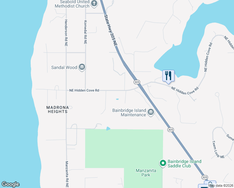 map of restaurants, bars, coffee shops, grocery stores, and more near 7135 Northeast Hidden Cove Road in Bainbridge Island