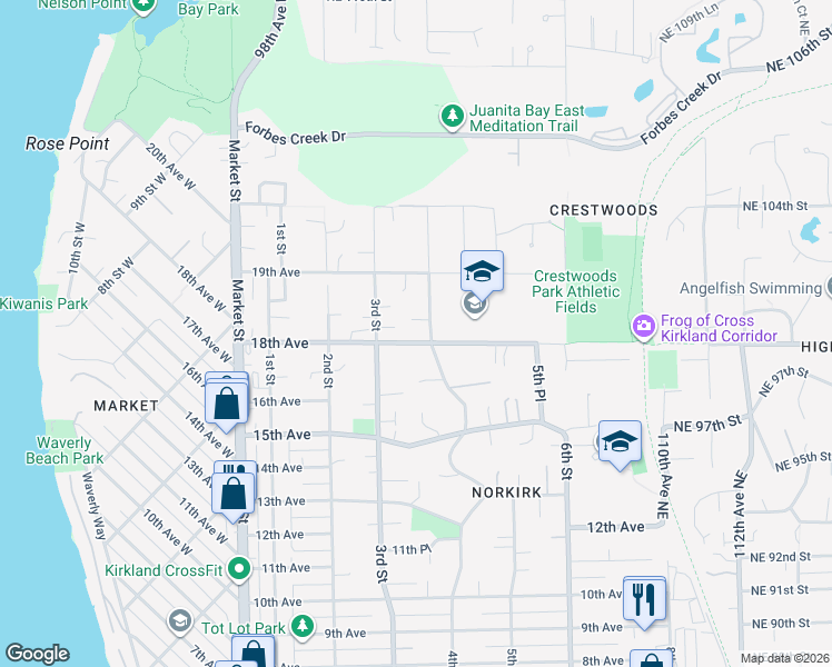 map of restaurants, bars, coffee shops, grocery stores, and more near 319 18th Avenue in Kirkland