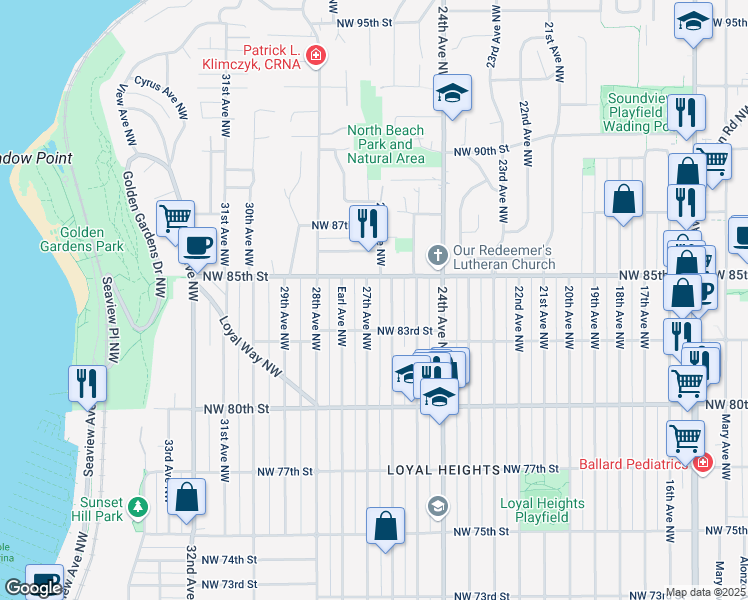 map of restaurants, bars, coffee shops, grocery stores, and more near 8317 27th Avenue Northwest in Seattle
