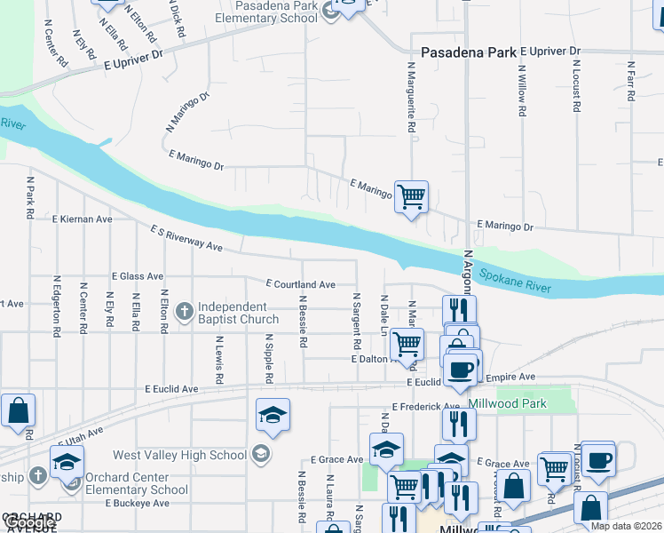 map of restaurants, bars, coffee shops, grocery stores, and more near 8523 East Courtland Avenue in Millwood