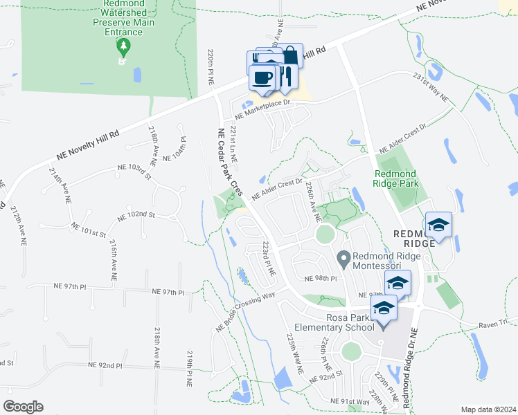 map of restaurants, bars, coffee shops, grocery stores, and more near 10155 223rd Place Northeast in Redmond