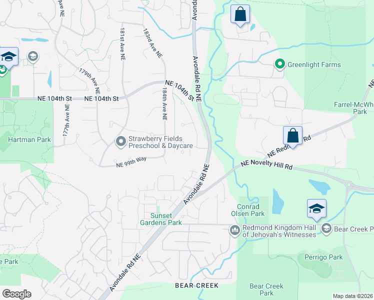 map of restaurants, bars, coffee shops, grocery stores, and more near 9986 185th Court Northeast in Redmond