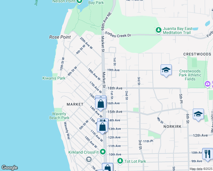 map of restaurants, bars, coffee shops, grocery stores, and more near in Kirkland