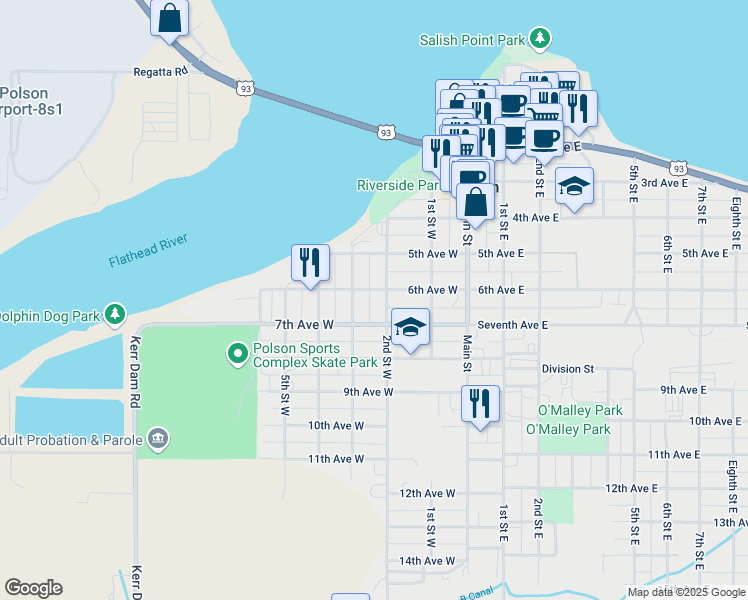 map of restaurants, bars, coffee shops, grocery stores, and more near 602 2nd Street West in Polson