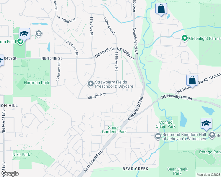 map of restaurants, bars, coffee shops, grocery stores, and more near 18338 Northeast 99th Way in Redmond