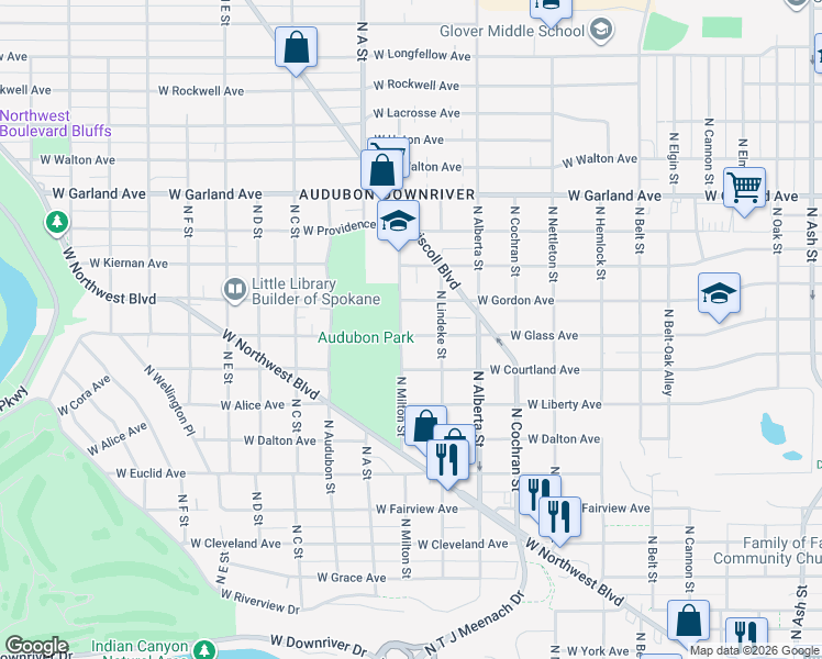 map of restaurants, bars, coffee shops, grocery stores, and more near 2717 West Glass Avenue in Spokane