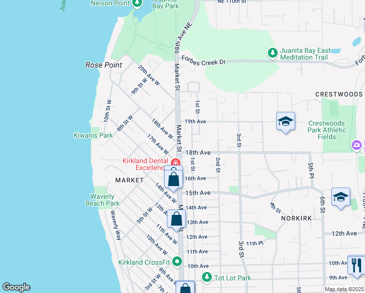 map of restaurants, bars, coffee shops, grocery stores, and more near in Kirkland