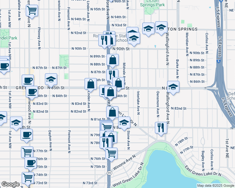 map of restaurants, bars, coffee shops, grocery stores, and more near 1133 North 84th Street in Seattle
