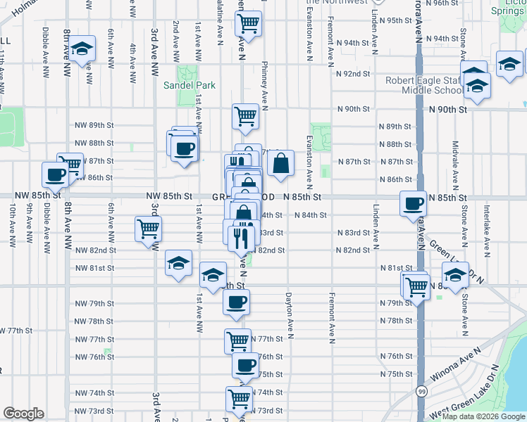 map of restaurants, bars, coffee shops, grocery stores, and more near 339 North 84th Street in Seattle