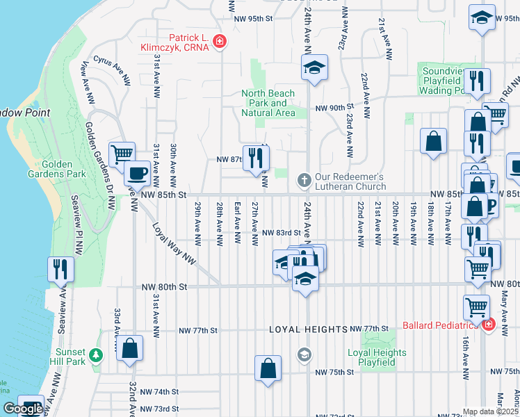 map of restaurants, bars, coffee shops, grocery stores, and more near 8317 27th Avenue Northwest in Seattle