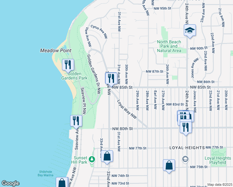 map of restaurants, bars, coffee shops, grocery stores, and more near 8361 31st Avenue Northwest in Seattle