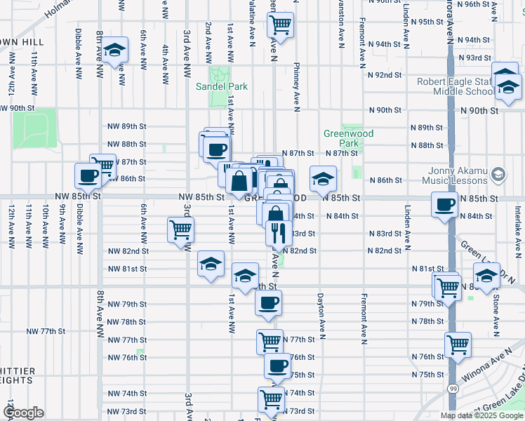 map of restaurants, bars, coffee shops, grocery stores, and more near 142 North 84th Street in Seattle