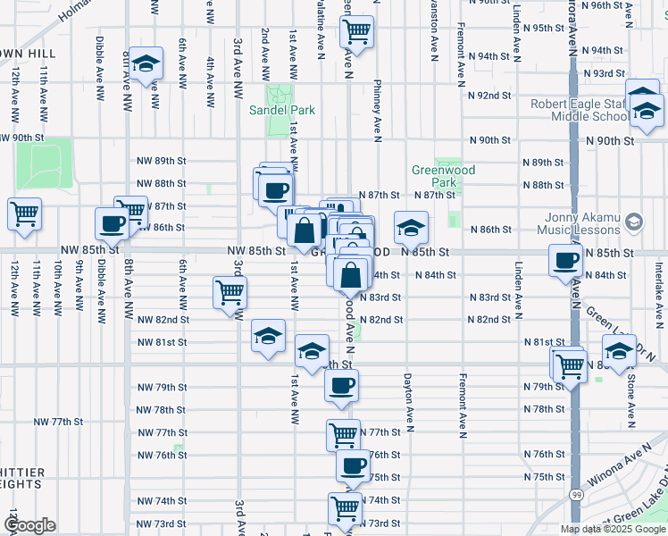 map of restaurants, bars, coffee shops, grocery stores, and more near 142 North 84th Street in Seattle