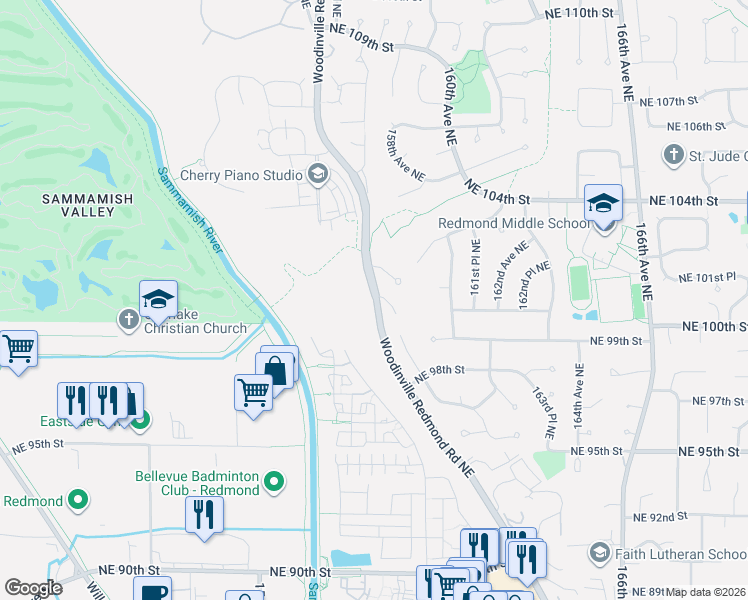 map of restaurants, bars, coffee shops, grocery stores, and more near 9859 Redmond Woodinville Rd NE in Redmond
