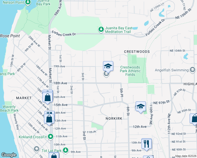 map of restaurants, bars, coffee shops, grocery stores, and more near 403 18th Avenue in Kirkland