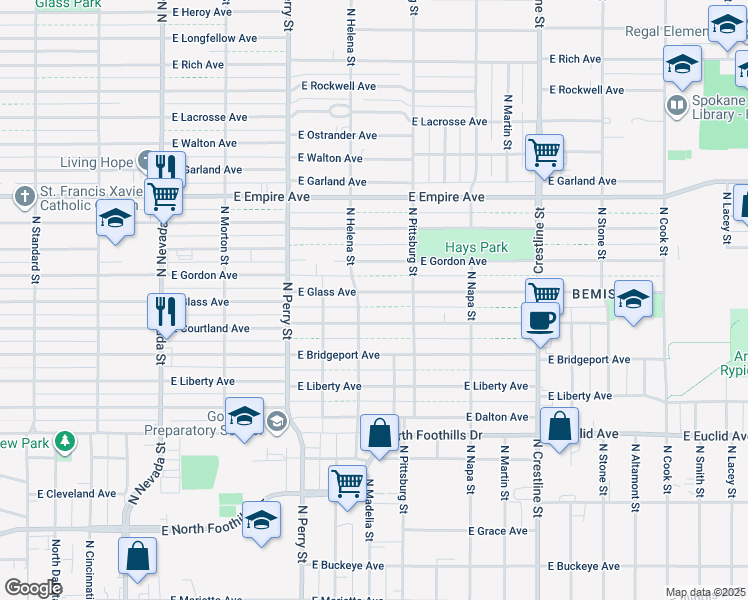 map of restaurants, bars, coffee shops, grocery stores, and more near 1627 East Courtland Avenue in Spokane