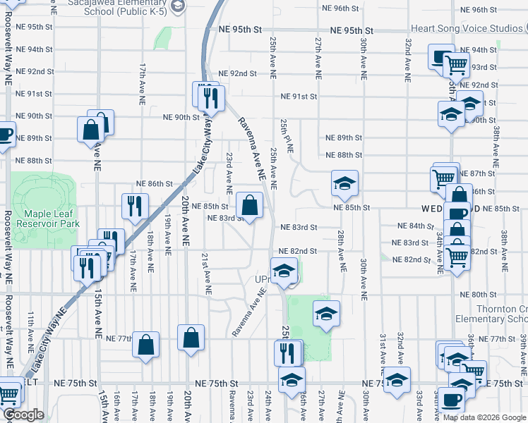 map of restaurants, bars, coffee shops, grocery stores, and more near 8315 Ravenna Avenue Northeast in Seattle
